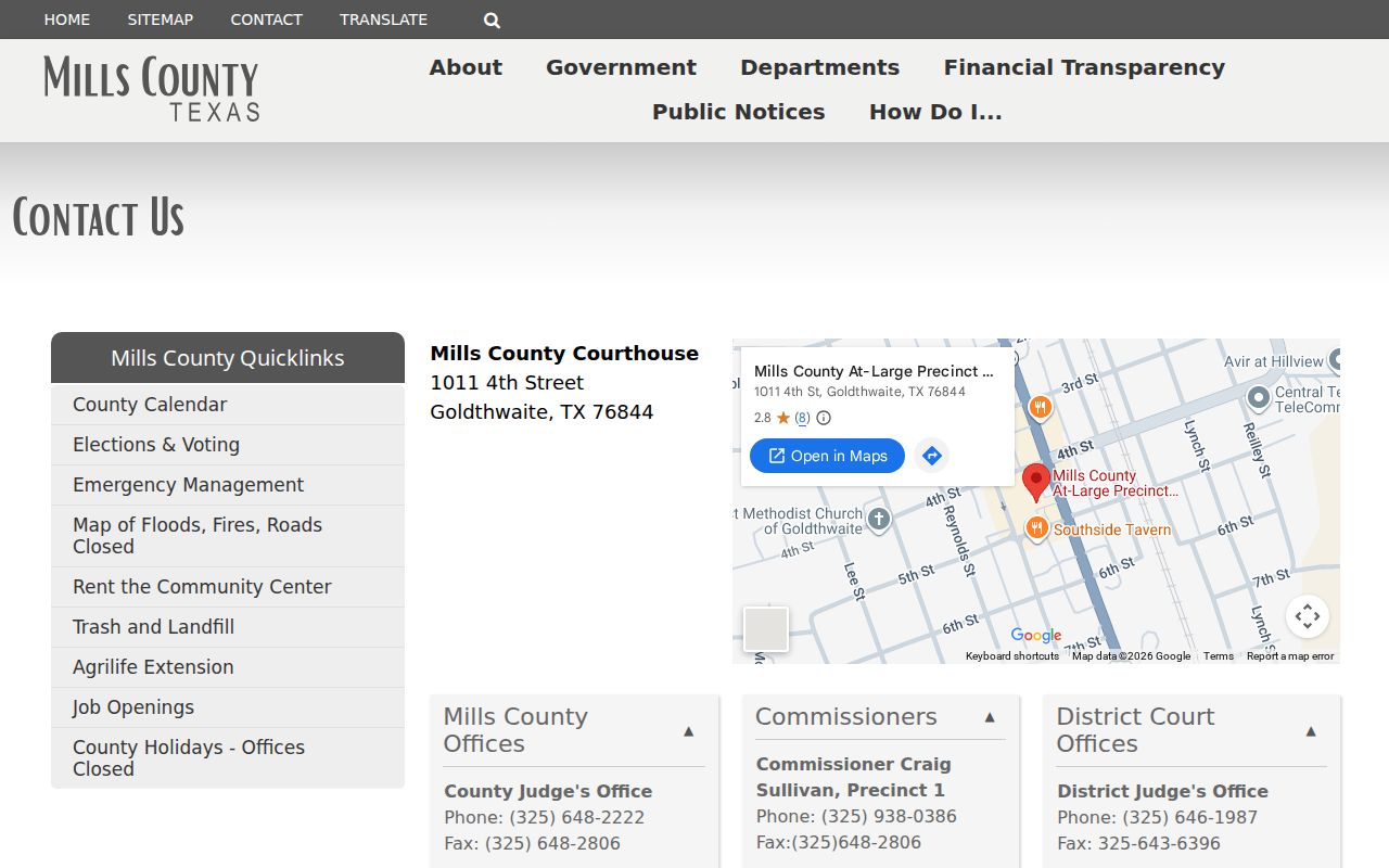 Mills County court docket official contact directory